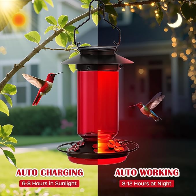 TANSOREN Solar Hummingbird Feeder for Outdoors Hanging Glass 21 Ounce with 5 Bee Guard Feeding Ports and Ant Moat, Leak-Proof, Red