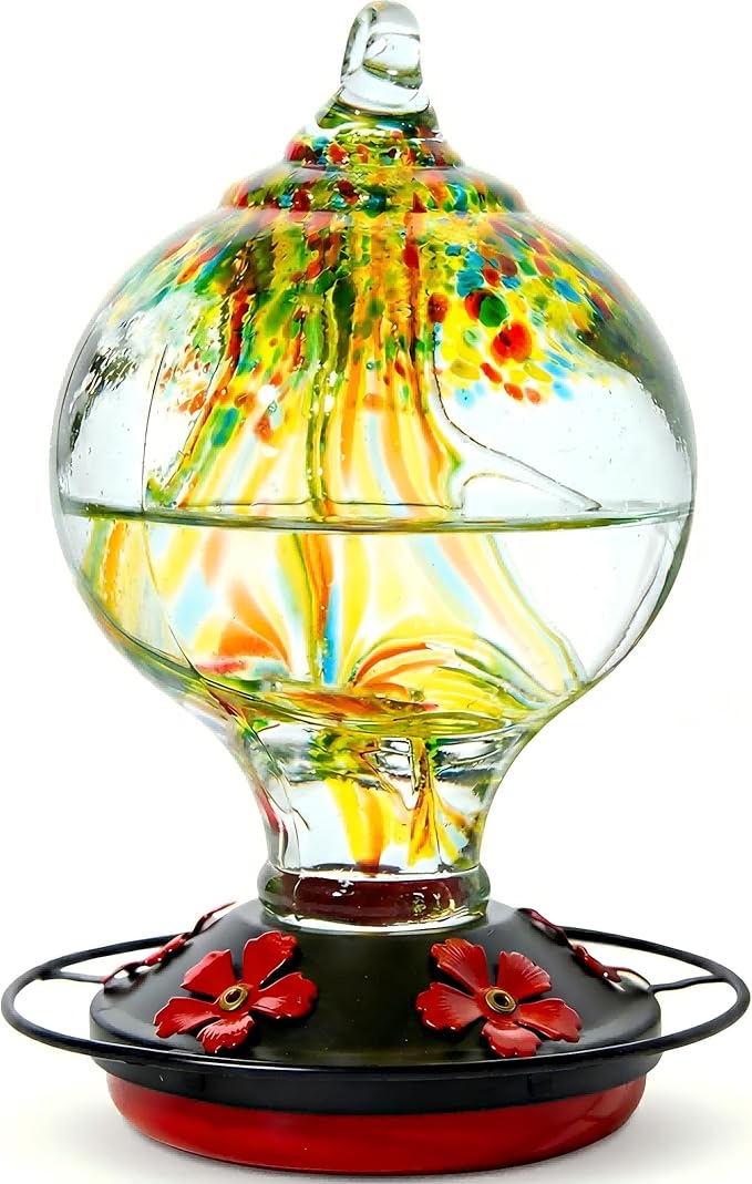 Hummingbird Feeder for Outdoors Hanging, 34 Oz, Handcrafted Gift Inner Glass Décor for Bird Garden Lover, Ant Moat & Bee-Resistant Ports, Hook & Brush Included (Golden Meadow)