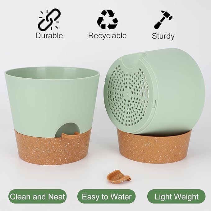 YNNICO 10-Inch Plant Pots, Self-Watering Planters with Drainage Holes & Saucers for Indoor and Outdoor Plants (2-Pack, Green)