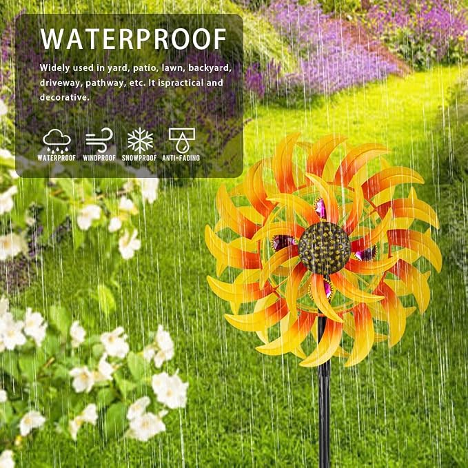 Metal Sunflower Wind Spinner Outdoor,13Inch Large Double Windmill Pinwheels with Stake,Kinetic Wind Sculpture Outdoor for Yard, Garden, Lawn Decorations