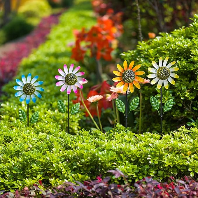 4 Packs Wind Spinner Outdoor, Pinwheels for Yard and Garden, Metal Sunflower Decorative Garden Stakes for Lawn Patio Porch Decor