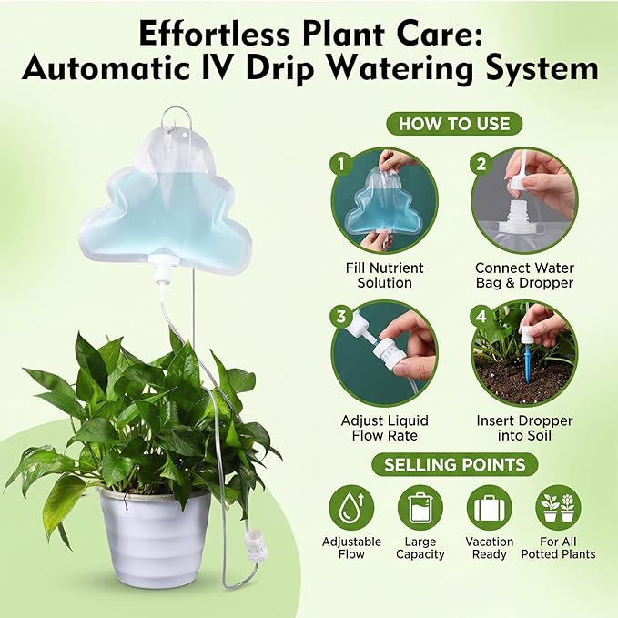 Zhengmy 12 Pcs 500ml Cloud Plant Self Watering Drip Water Bag with Flow Regulator, Automatic Plant Self Watering System with Drip Water IV Bag and Support Rod Stake for Potted Indoor Outdoor Waterer