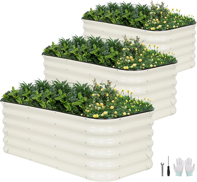 3 Pcs Raised Garden Beds Outdoor, 17" Tall 3-in-1 Modular 4x2ft Galvanized Metal Planter Box with Bracing Rods and Gloves for Vegetables Flowers Herbs, White
