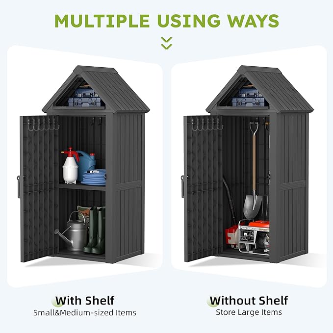 Vertical Outdoor Storage Shed, Waterproof Resin Outdoor Storage Cabinet with Removable Shelves & 12 Hooks, Lockable Small Tool Shed for Garden, Backyard, Patio, Pool, Classic Black
