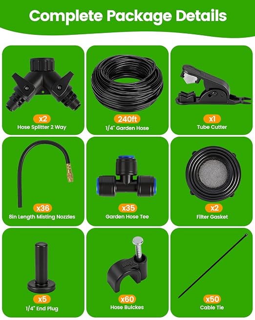 240FT Drip Irrigation System for Garden with 36 Nozzles –360° Adjustable Misting Nozzles, Quick-Connect Design, Ideal for Raised Beds, Lawns, Greenhouses & Outdoor Cooling
