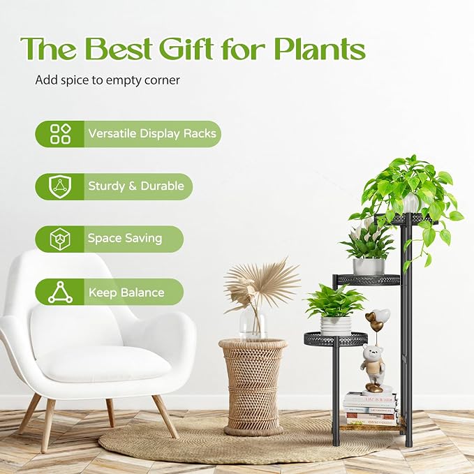 Oppro Plant Stand Indoor Outdoor, 4 Tier Metal Flower Pot Shelf Holder Clearance, Tall Corner Rack for Multiple Plants, Modern Organizer Display for Patio Orchid Office Porch Living Room Garden, Black