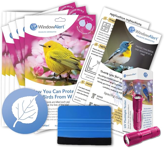 WindowAlert Aspen Leaf Large Starter Pack - Bird Strike Prevention Decals (12 Envelopes) with UV Tester Flashlight & Application Squeegee - Made in USA