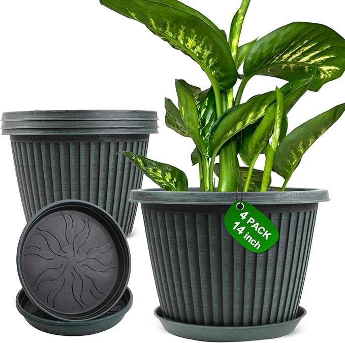Large-Planter-Indoor-Outdoor Plant Pots, 14 inch 4 Pack Plastic Flower Pots with Saucer And Drainage Holes, Modern Garden Planters For Planting Medium Large Plants, Decorative Resin Garden Pots