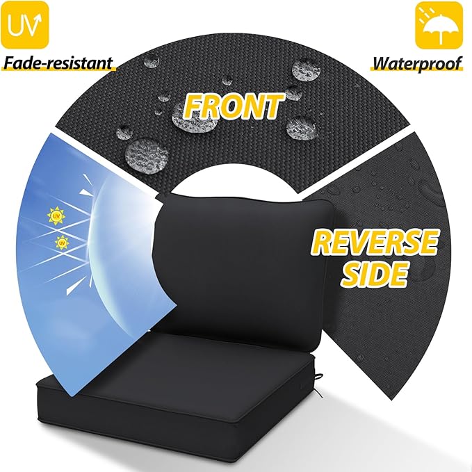 AAAAAcessories Outdoor Seat Cushions for Chairs, Fade-Resistant, Waterproof Patio Furniture Replacement Cushions, 24" x 24" x 5" + 24" x 19", Black