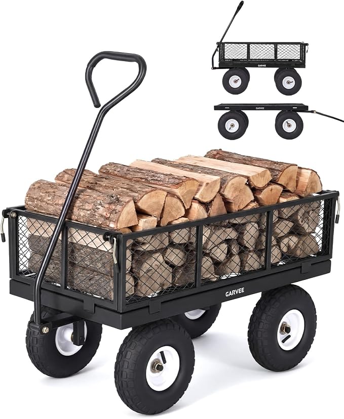 Garvee Versatile Outdoor Utility Cart - 400LBS Heavy-Duty, 10" All-Terrain Pneumatic Tires, Easy Maneuverable Lawn Cart with Removable Mesh Panels for Gardening & Landscaping，Black