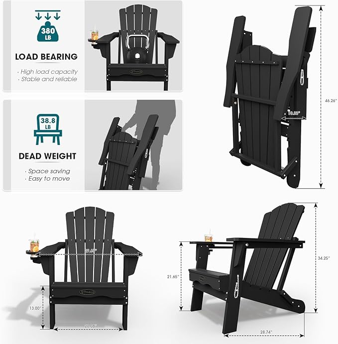 THOEOE Folding Adirondack Chair Set of 2,HDPE All-Weather Outdoor Chair with Cup Holder,Wooden Textured,Fire Pit Chair,Plastic Patio Chair for Deck,Backyard,Garden,Lawn, Black