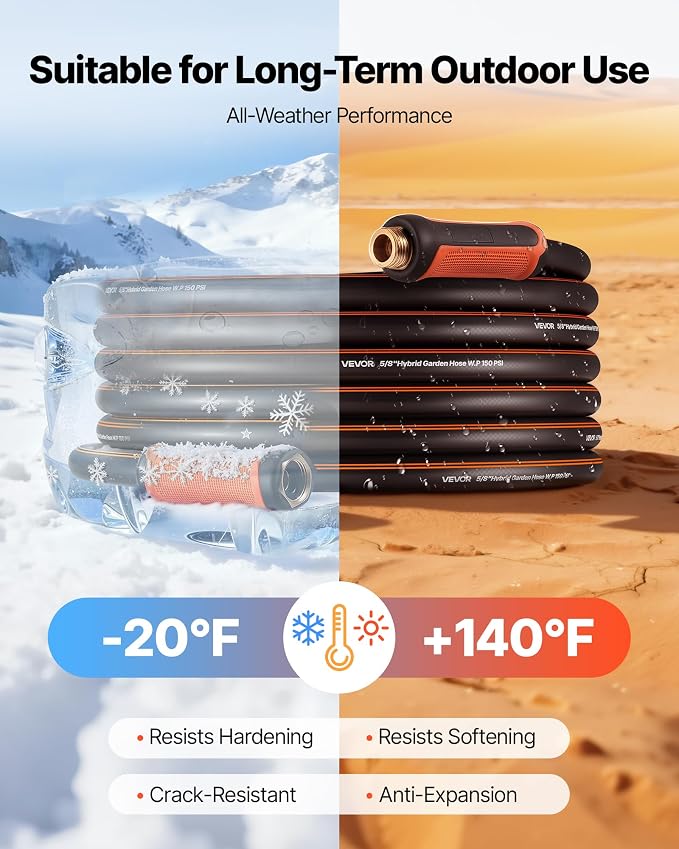 VEVOR Garden Hose, 50 ft 5/8" Heavy Duty 4-Layer Rubber Water Hose, 150PSI Working & 600PSI Burst, Flexible & Non-kink Outdoor Waterhose with 3/4" Fitting, Lightweight Hoses for Gardening Cleaning