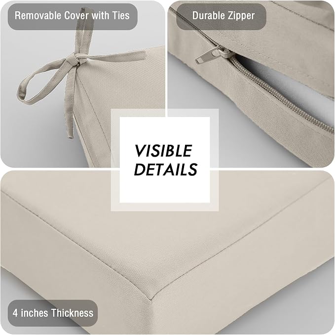 idee-home Outdoor Chair Cushions for Patio Furniture, Outdoor Seat Cushion | Waterproof Hampton Bay Deep Seat Replacement Couch Cushions for Garden Backyard Deck 26.5 x 26.5 Beige