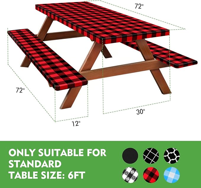 Picnic Table Cover with Bench Covers, Fitted 6ft Waterproof Tablecloth Set for Outdoor Camping & RV - Includes 1 Table Cover & 2 Bench Covers with Drawstring Storage Bag, 30"x72", Red Black Grid