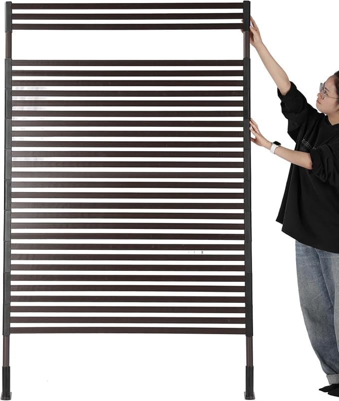 FOLLOOK Outdoor Privacy Screens Freestanding, 36" W x 71" H Overall Poly-Coating Steel Pipes and Slats, Rustproof Brown Metal Decorative Fence Panels for Outside Backyard Garden Patio Privacy Screen