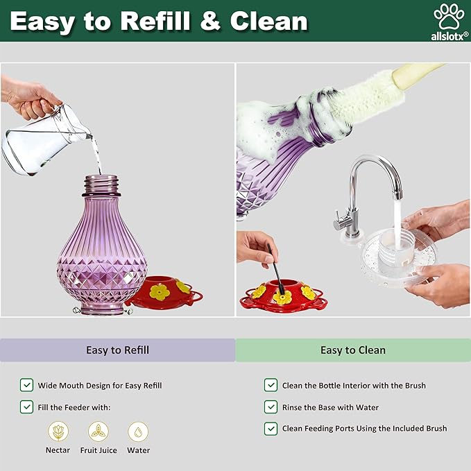 Glass Hummingbird Feeder for Outdoors Hanging, 20 oz Nectar Capacity, 6 Feeding Ports, Leak-Proof Rust-Free Plastic Base, Easy to Refill & Clean, Decorative Purple Glass Bird Feeder for Garden Patio