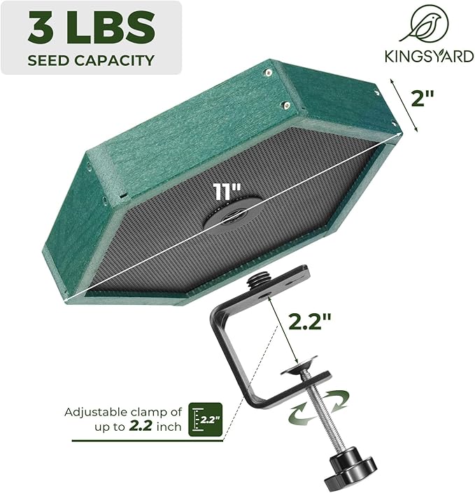Kingsyard Clamp-On Deck Bird Feeder 11in Hexagon, Adjustable Balcony Railing Clamp 2.2in No-Drill, Recycled Plastic Seed Tray Metal Mesh Drainage Easy-Clean 3 lb,Green