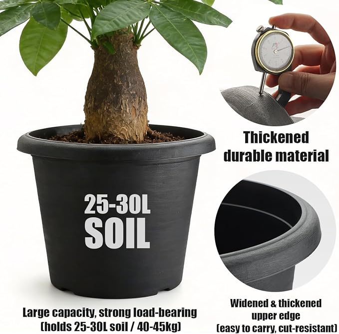 4 Pack 16 Inch Large Planters for Outdoor Plants, Heavy-Duty Plastic Plant Pots with Drainage Holes - 30L Capacity Indoor Outdoor Flower Pots, 16" Diax12" Tall, Cement Textured Patio Garden Containers