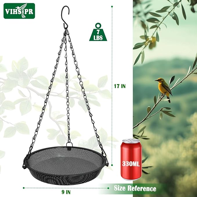 Hanging Bird Feeder for Outdoors – 9 in Metal Mesh Bird Feeder Tray Platform for Small Wild Birds, Black