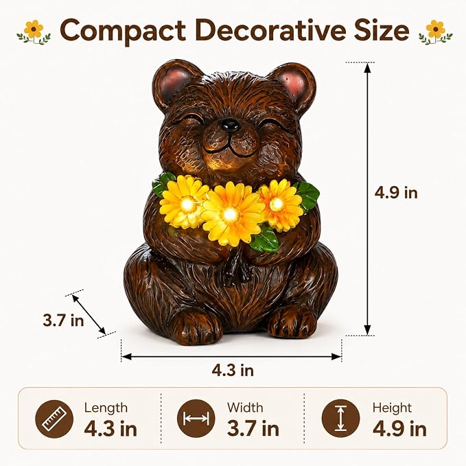 Solar Garden Statues Bear with Daisy and LED Lights Birthday Gifts for Women Mom Grandma Solar Outdoor Cat Decor for Outside,Outdoor Solar Lights for Yard, Garden and Patio, Unique Gift for Women