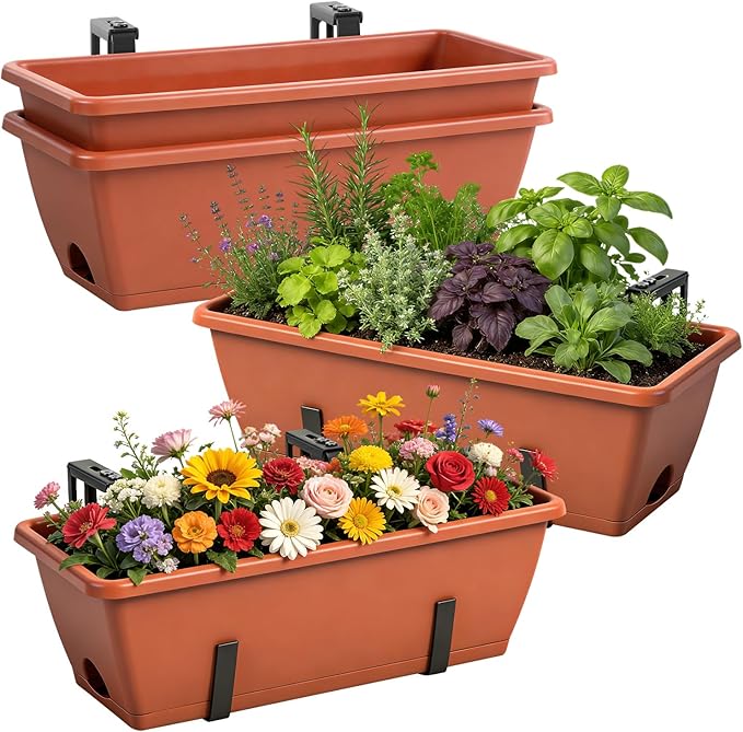 OYEAL Deck Railing Planter Box 4 Pack Window Boxes Planters with Adjustable Brackets 17 Inch Rectangular Hanging Flower Pots Outdoor for Garden Fence Balcony Porch Patio Decor, Red & Black