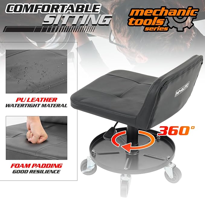 M-AUTO Padded Seat Mechanic Stool with Wheels, 16”-21” Height Adjustable Swivel Mechanics Seat with Tool Tray Storage for Garage and Garden, 300lbs Capacity