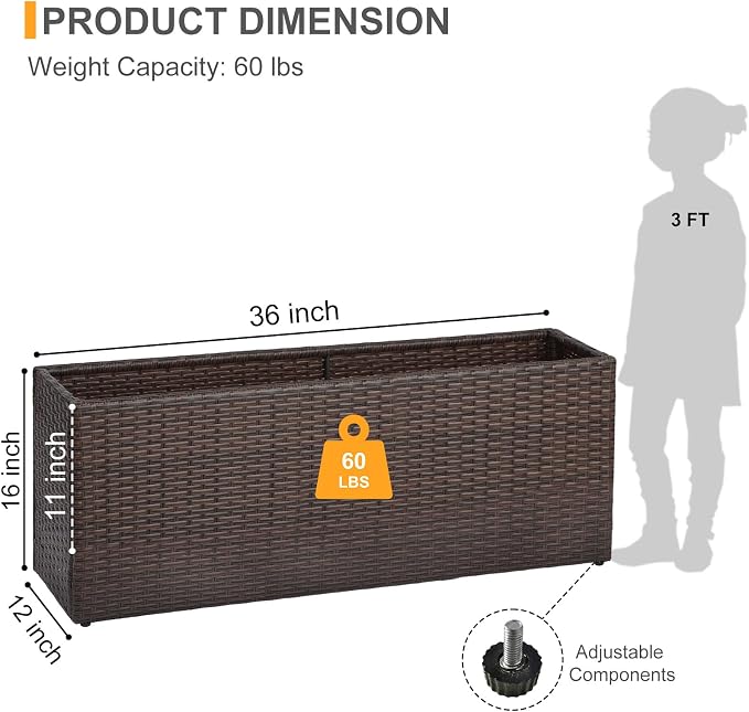 SUNNYPARK Brown Rectangular Planter Box All-Weather PE Rattan Large Modern Planters with Removable Liner Indoor Outdoor Decorative Flower Pot for Patio, Balcony, Garden