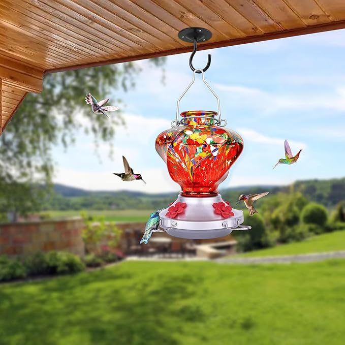Hummingbird Feeder for Outdoors with Ant Moat, Hummingbird Feeder, Hand Blown Glass, 4 Bee Guard Feeding Ports with Perch, Outdoor Garden Décor, 16OZ, Red, Gifts for Mom Wife Dad Men Women
