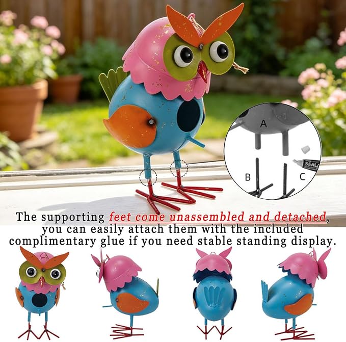 Metal Owl Garden Statues Yard Art Animal Figurines | Hanging Birdhouse Owl Figure Outdoor Decor Yard Decoration Lawn Ornaments Decorative Bird House for Outside