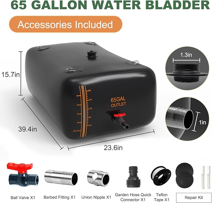 65 Gallon Water Bladder, 1000D PVC Foldable Portable Water Tank, Black Large Capacity Water Bag Container for Camping, Garden, Agricultural Irrigation, Drought Resistance, Emergency Supply