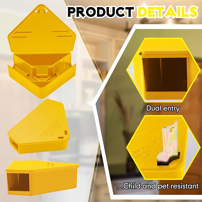 Qualirey 36 Pcs Mice Station with Key Triangle Mouse Station Lockable Reusable Bait Box, Enclosed Design for Indoor and Outdoor Use, Suitable for Small Mice (Yellow)