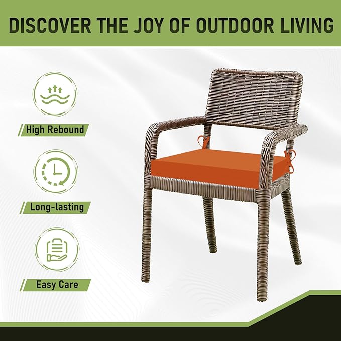 Basic Beyond Outdoor Chair Cushions Set of 6, Square Corner Outdoor Cushions for Patio Furniture, Water Resistant Patio Chair Cushions with 2 Ties, 18.5x16x3, Orange