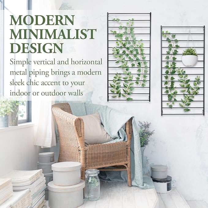 MyGift 4 Foot Tall Modern Matte Black Metal Wall Mounted Horizontal Bars Trellis, Outdoor Hanging Support Frame for Climbing Garden Plants and Crawling Vines, Set of 2