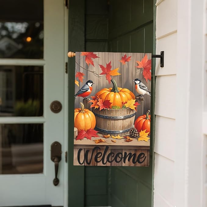 Fall Pumpkin Bird House Flag 28x40 Inch Welcome Autumn Watercolor Maple Leaf Harvest Theme Thanksgiving Decorative Yard Flags for Outside Double Sided Outdoor Home Farmhouse Decoration Porch Decor