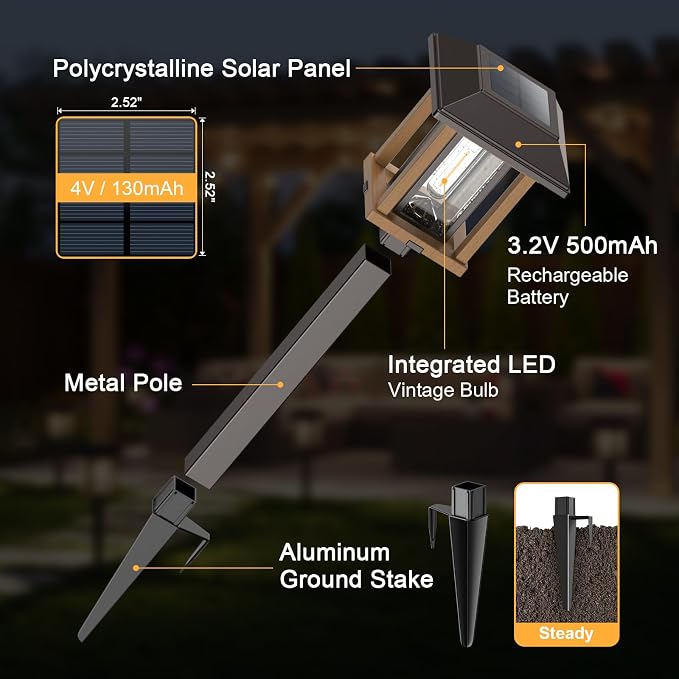 XMCOSY+ 4-Pack Solar Pathway Lights Outdoor, 25 Lumens Vintage Edison LED Landscape Lighting, IP65 Waterproof Seeded Glass & Metal Stakes Solar Powered Garden Lights for Yard Patio Walkway Driveway