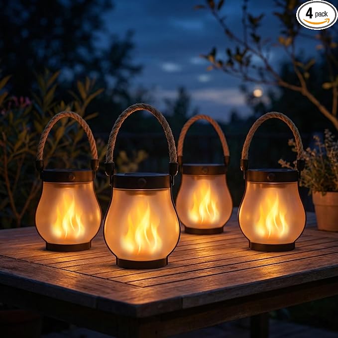 Solar Lanterns Outdoor Waterproof 4 Pack, Outdoor Solar Lanterns with Flickering Flame Effect, USB-C & Solar Charging, Auto Dusk to Dawn, Hanging Light for Garden Patio Yard