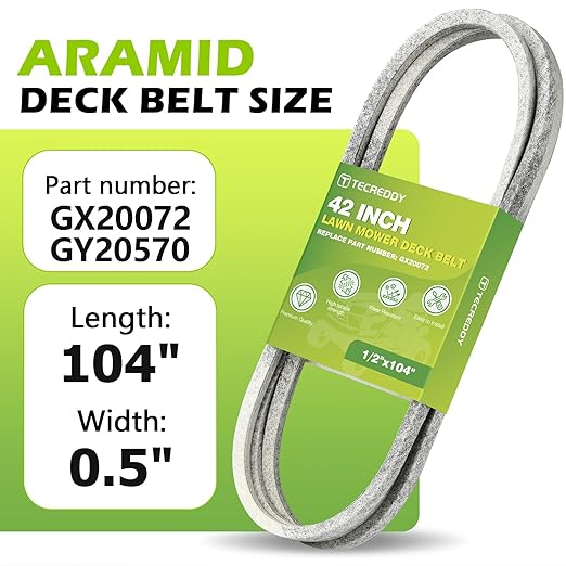GX20072 Mower Deck Belt for John Deere 42 inch D105 D110 D130 E100 L100 L110 L118 L120 L130 LA105 LA115 S100 100 Series Lawn Mower GY20570 - Aramid Deck Belt, 1/2" X 104"