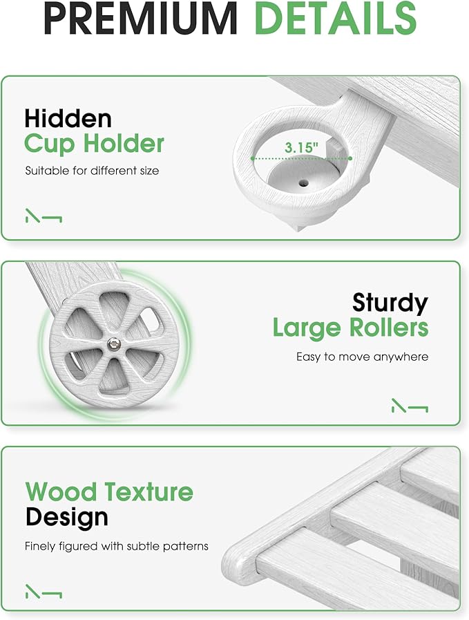 Chaise Lounge Outdoor, Lounge Chair Outdoor with Wood Texture, Adjustable 5-Position Backrest, HDPE Lounge Chair with Wheels & Cup Holder for Pool Deck Backyard, White