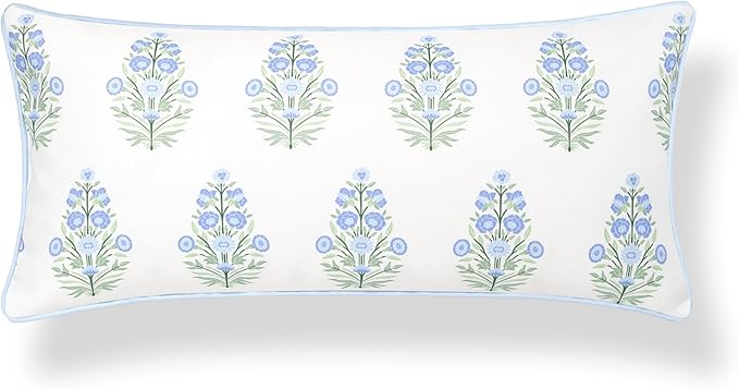 Hofdeco Premium Coastal Grandmillennial Patio Indoor Outdoor Lumbar Pillow Cover Only, 12"x26" Water Repellent for Backyard, Couch, Poolside, Baby Blue Print Flower