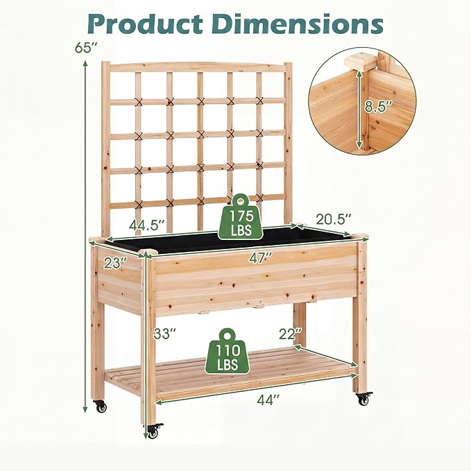 HAPPYGRILL Wooden Raised Garden Bed with Trellis, 65'' Elevated Planter Box w/Legs on Wheels, Liner & Drainage Holes for Climbing Plant Vegetable Flower, Outdoor Garden Box for Backyard Balcony (1)