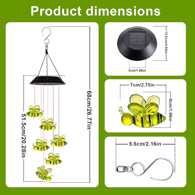 7-Color Light Changing Bee Solar Lights for Outside, Solar Lights Gifts for Father's Day, Solar Bee Wind Chimes Gifts for Women, Mom, Grandma, Garden Yard Lawn Outdoor Decor Mobiles