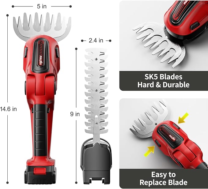 FULLYEA Cordless Hedge Trimmer & Grass Shears, 2-in-1 Electric Shrub Trimmer/Grass Trimmer with 2 Batteries, Handheld Grass Cutter Bush Trimmer, Battery Powered Hedge Trimmer for Garden,Lawn,Yard
