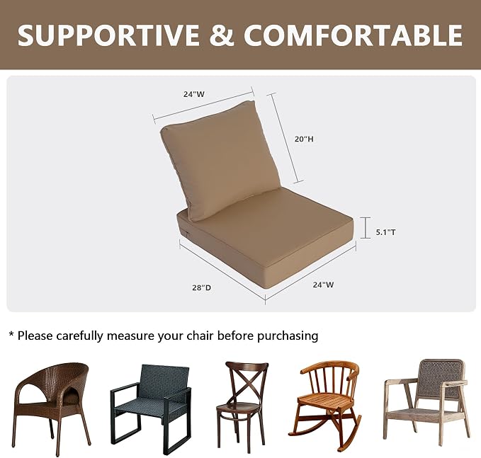 Goodgoods 24 x 28 Outdoor Patio Deep Seat Cushions 2-Pack, 1000+ Hours Fade-Resistant & Water-Resistant Outdoor Furniture Chair Cushions with 35D High-Resilience Foam for Sofa Chair, Brown