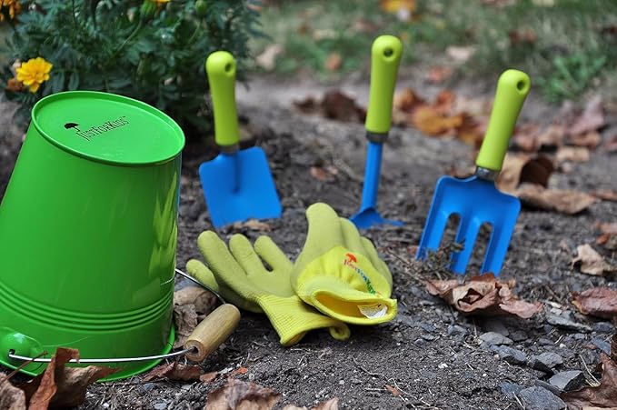 G & F Products JustForKids Garden Tool Set - Green Metal Pail with Real Mini Shovel, Rake & Cultivator, Wooden Handles, Perfect for Outdoor Play, Gardening Fun, and Educational Activities for Kids