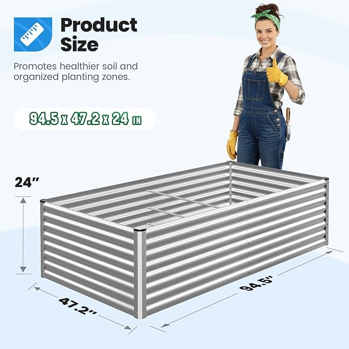Quictent Galvanized Raised Garden Bed 8x4x2 Ft Tall Metal Planter Box for Vegetables Outdoor Bottomless for Backyard, 2 Tomato Cages Included, 22.04" Deep (Silver)