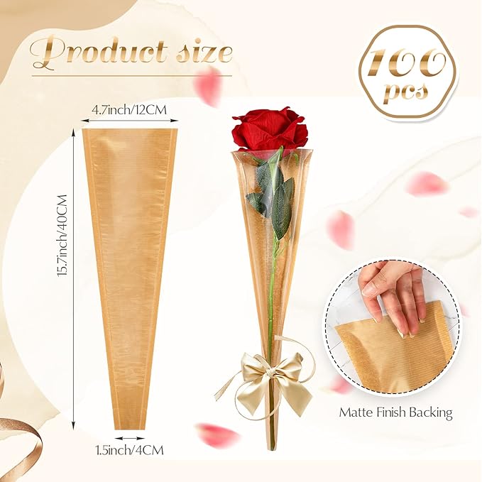 Sabary 100 Pcs Flower Bouquet Wrapping Paper Flower Rose Sleeves Bulk Floral Bags for Valentine Bridal Shower Wedding Anniversary Birthday Mother's Day(15.8" x 4.7")