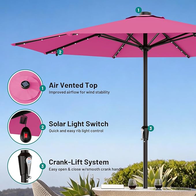 AreShark 11FT Large Patio Umbrella with Solar Lights, Lighted Solar Umbrella with Crank, Outdoor Table Market Umbrellas for Garden, Deck, Backyard, Pool and Beach, Rose Pink
