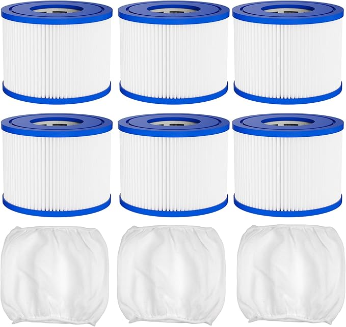 Hot Tub Spa Filter Cartridge Type VI Replacement-with Life-Extend Pre-Filter For Bestway, Coleman Saluspa 90352E 58323E, Intex, S1 & More Inflatable Hot Tub Filters (6 filters, 3 Pre-filter Sleeve)