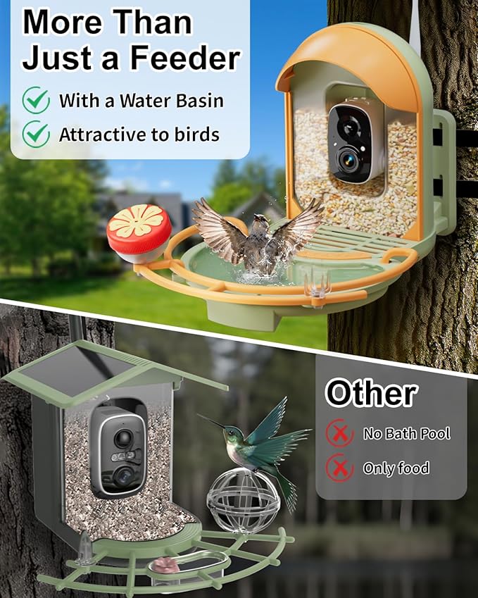 Bird Feeder with Camera, 2K HD Camera Birds Feeder with Bath Wireless Outdoor, Solar Powered Bird Watching with APP Control, Night Vision, Motion Detection Alerts, IP66 Birdfeeder for Backyard, Green