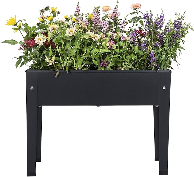 Piksedo Raised Garden Bed, Elevated Planter Metal Plant Box with Legs Standing Garden Stand Drainage Holes Frosted Black